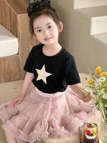 DAZY Set de 2 piezas - Camiseta de manga corta con estampado de estrella y falda de malla para niña, conjunto de verano para niñas