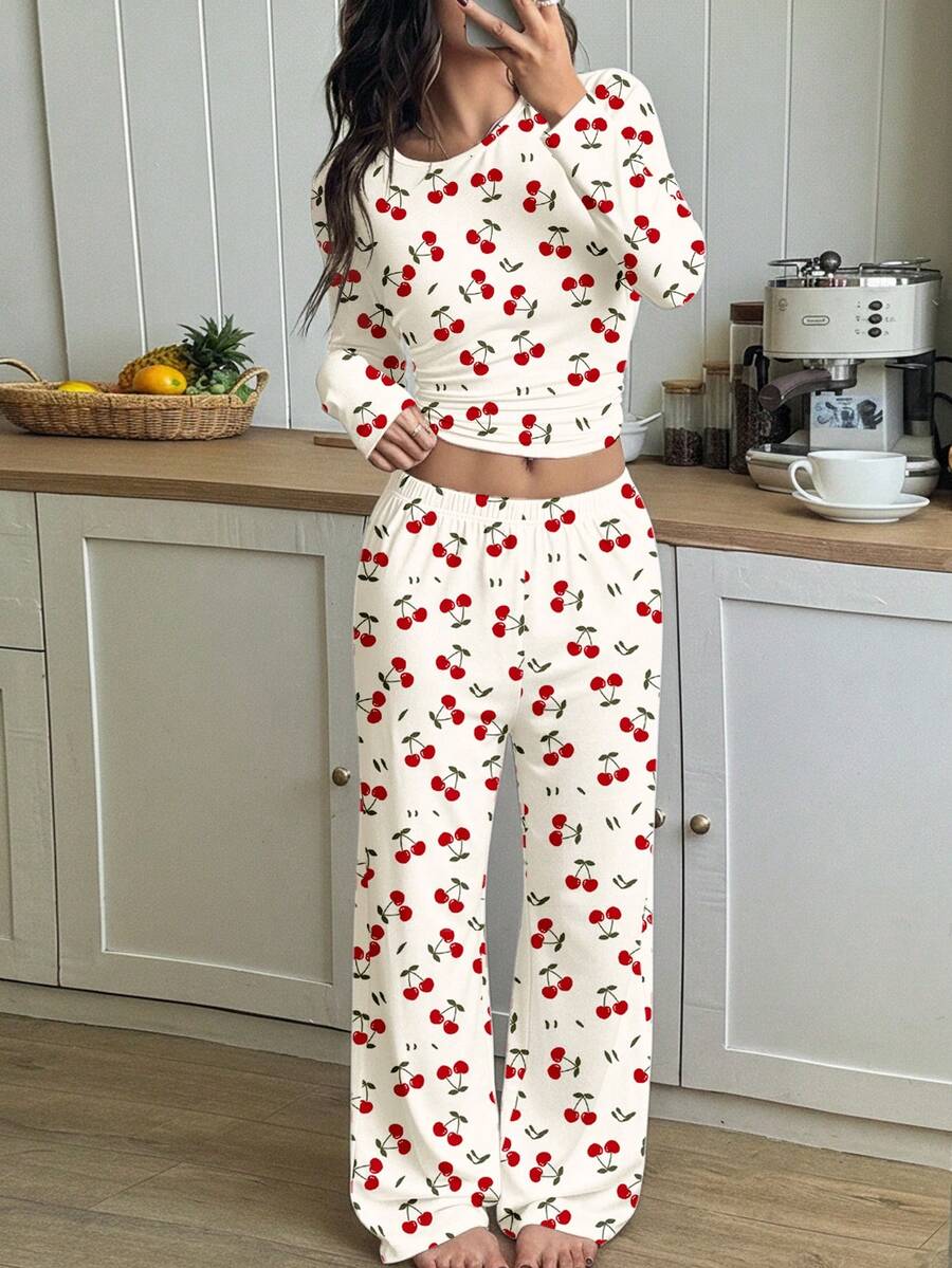 SHEIN Leap Crew 2pcs Vintage Sweet Mini Cherry Print, Ballerina Style, Teen Girl Autumn/Winter Round Neck Raglan Sleeve T-Shirt & Plaid Pattern Loose Pants Casual Pajama Set, Suitable For Christmas Loungewear - Multicolor - View 1