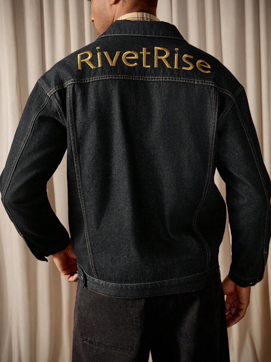 RivetRise 男士休闲长袖前开襟牛仔夹克，带刺绣，宽松版型