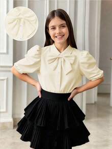 SHEIN Áo cánh dệt trắng thanh lịch dành cho bé gái tuổi teen, tay bồng, nơ có thể tháo rời, đa năng khi đi làm, kết hợp với váy, quần ống rộng, quần bó, quần short, thích hợp mặc khi trở lại trường và mặc hàng ngày - Màu be - Xem 3