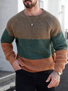 Manfinity Homme Áo len dài tay cổ tròn tối giản màu tương phản dành cho nam, mặc thường ngày - Nhiều màu - Xem 5