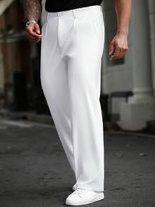 Manfinity Homme Plus Size Men's Solid Color Pockets Straight Leg Loose Casual Pants, Fall - White - View 3