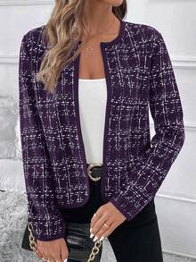 SHEIN Clasi 女士格子长袖开襟休闲外套，秋冬季百搭单品 - 紫色 - 查看 5