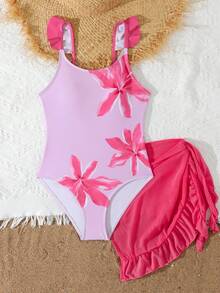 SHEIN Sparklyn Tween Girls One-Piece Swimsuit, New Stylish Printed Swimwear, Summer Flattering One-Piece Or Two Pieces Set, Beach Holiday Pink Bow Swimsuit Pink Sarong Skirt Tied Waist Swimwear Pink One Piece Swimsuit For Teen Girls Pink Beach Dress For 10 Year Olds Swimsuit Tween Pink - Pink - View 7