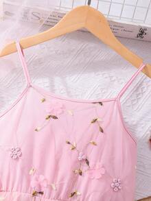 SHEIN 少女无袖休闲网纱拼接刺绣花卉连衣裙 - 藕粉色 - 查看 6