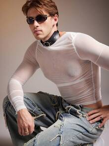 FeverCity 男士性感透明柔软长袖T恤 - 白色 - 查看 3