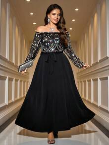SHEIN Clasi Váy hở vai đính sequin dự tiệc sang trọng cỡ lớn - màu đen - Xem 5