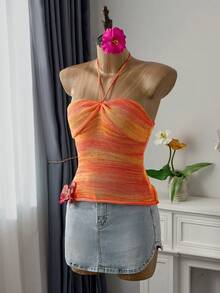 Bellisia 女士波西米亚风撞色亮丽橙色吊带露背上衣，夏季性感日落色系时尚沙滩装，新年时尚 - 彩色 - 查看 1