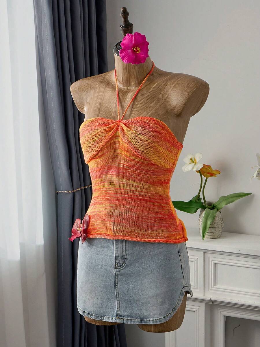 Bellisia 女士波西米亚风撞色亮丽橙色吊带露背上衣，夏季性感日落色系时尚沙滩装，新年时尚 - 彩色 - 查看 1