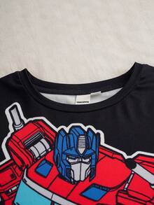 Transformers X SHEIN 男童机器人图案圆领落肩长袖针织上衣和裤子休闲睡衣两件套 - 黑色 - 查看 3