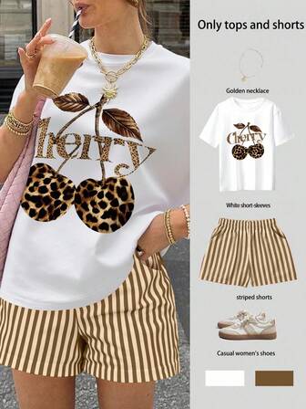 EMERY ROSE Women's Letter & Cherry Print Round Neck Short Sleeve T-Shirt And Striped Shorts Casual 2-Piece Set