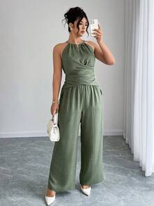 Elenzga Women's Casual Beaded Cinched Waist Suit, Commuter Outfit, Everyday Casual Set, Spring/Summer - Green - View 8