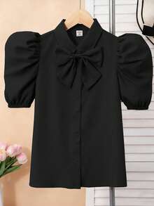 SHEIN Blusa elegante de verano tejida en negro para niñas preadolescentes, blusa formal de regreso a la escuela con mangas abullonadas y lazo desmontable, camisa para cubrir y uso diario en desplazamientos - Negro - Ver 3