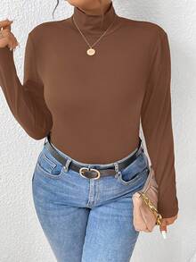SHEIN Frenchy Áo thun cổ bẻ ôm vừa vặn có gân chắc chắn Plus - màu nâu - Xem 4