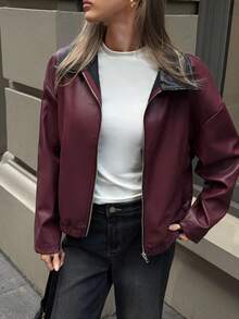 Aloruh Women's Elegant Coat,Barn-Style Color-Blocked Jacket,Fashionable & Versatile Commuter Ancla Red PU Jacket In,Women's Winter,Women's Winter Jacket,Fall For Women,Autumn For Women,New Year,Chic Women's Jacket,Burgundy Coat,Old Money Style,Casual Coat,Fall/Winter - Coffee Brown - View 4