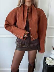Siren Gaze Women's Autumn Fashionable Commuter Tie Collar Jacket Crop Top Jacket Brown Blouse Rust Brown Top Cropped Jacket Cropped Blouse,Winter Clothes For Women,Women's Winter Jacket ,Women's Winter Coat Winter Jacket For Women Casual Spring - Mocha Brown - View 8