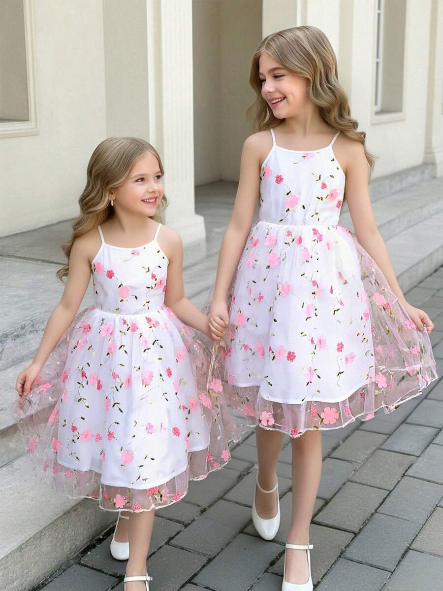 SHEIN Sparklyn Tween Girls Cute & Sweet Mesh Embroidered Camisole Dress