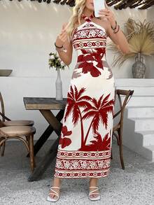 Chiquease Váy yếm buộc eo họa tiết Paisley thanh lịch dành cho nữ, màu đen và màu mơ, xuân/thu - Đỏ - Xem 3