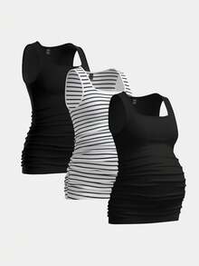 Modmama 3pcs/Set Maternity Casual Ruched Fitted Camisole - Black - View 3