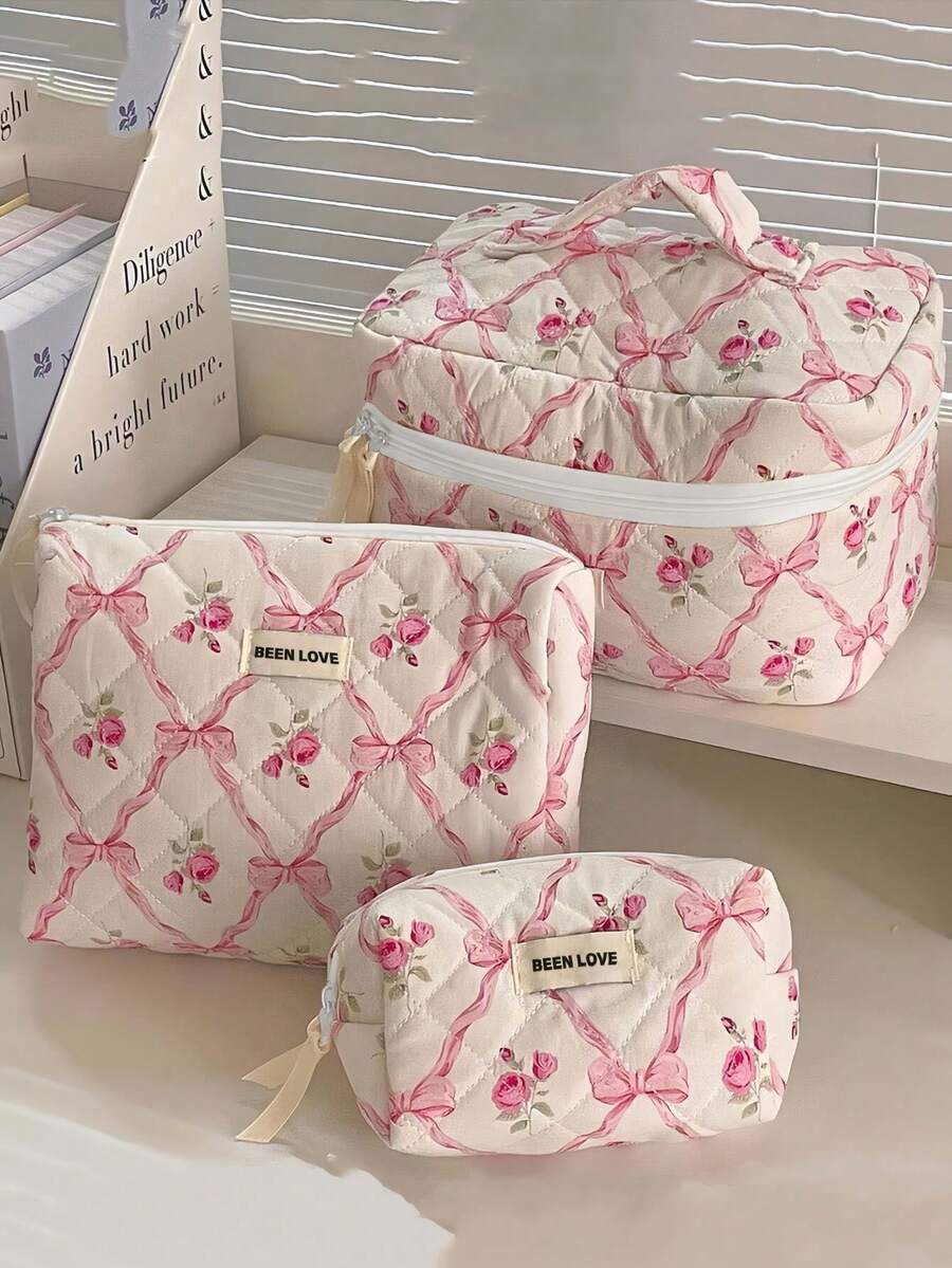 1/2/3PCS Capacity Wearable Zippered Travel Storage Stationery Rose Red Floral Print Multicolor Cosmetic Bag For Women Travel Fashion Casual Makeup Organizer Beauty Pouch - Multicolor - View 1