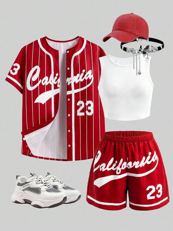 Sparklyn 3pcs/Set Teenage Girls Fashion Sports Outfit - Black Striped Retro Letter Print Loose Jacket Shirt, White Fitted Camisole, Yellow Shorts Set