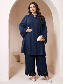 Veilorie Plus Size Women's Solid Color V-Neck Long Sleeve Elegant Lace Patchwork Arabic Style Set