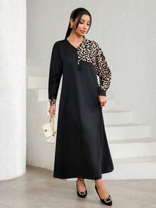 Al Najma Casual Loose Long Sleeve V-Neck Women's Arabic Dress  Black Dresses For Women Leopard Print - Black - View 5