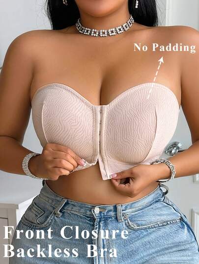 1pc Plus Size Casual Jacquard Front Closure Bandeau Bra