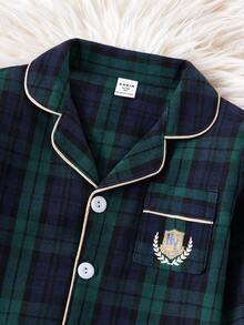 2pcs Young BoyCasual Classic Plaid Shirt & Pants Set, Homewear Boys Plaid Pj Set