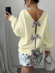 Elenzga Versatile Fashion Party Sequin & Bow Decor Backless Reversible Women Sweater, Autumn/Winter - Yellow - View 2