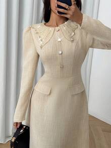 Modelyn Women's Autumn Long Sleeve Apricot Tweed Collar Faux Pocket Button Waist A-Line Elegant Dress - Apricot - View 4