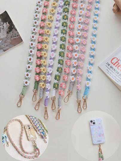 1个波西米亚风手工编织小雏菊斜挎包，配有手机挂绳、钥匙链，是送给母亲、家人、朋友的生日、节日礼物，也可作手机挂饰或手机链。