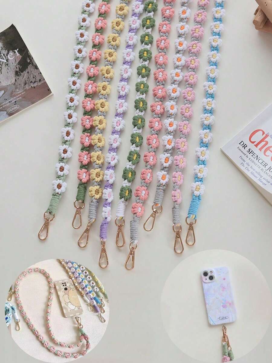 1个波西米亚风手工编织小雏菊斜挎包，配有手机挂绳、钥匙链，是送给母亲、家人、朋友的生日、节日礼物，也可作手机挂饰或手机链。