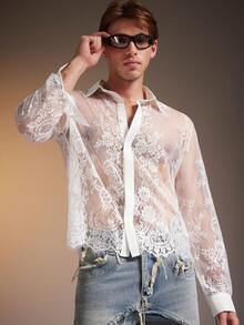 FeverCity Men's Sexy Sheer Front Button Long Sleeve Lace Mesh Shirt