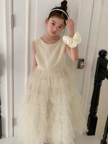 Dazy Kids Tween Girl 优雅纯色多层薄纱拼布派对连衣裙 - 米色 - 查看 4