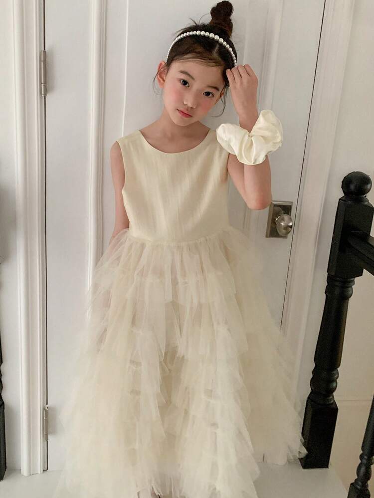 Tween Girl Elegant Solid Color Multi-Layer Tulle Patchwork Party Dress