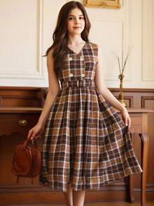 SHEIN Girls' Retro Plaid Dress, Waist Cinched Double-Breasted Design, Snug Fit, Suitable For School, Holiday, Casual Wear - Multicolor - View 5