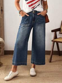 EMERY ROSE Plus Size Casual Washed Vintage Wide Leg Jeans Casual Street Patchwork Pocket Loose Wide Leg Jeans Women Jeans Baggy Loose Jeans