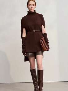 Airaco 女士纯色时尚现代高领斗篷毛衣 - 棕色 - 查看 7