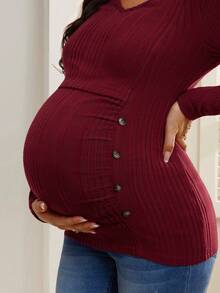 SHEIN Ribbed Knit Solid Fitted Nursing Long Sleeve T-Shirt, Autumn/Winter - Burgundy - View 4