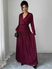 Elenzga 大码女士优雅性感复古酒红色亮面雪纺翻领深V交叉领高端垂褶多层荷叶边腰部设计袖口开衩金属圆扣装饰长袖修身喇叭长裙，春秋季 - 酒紅色 - 查看 5