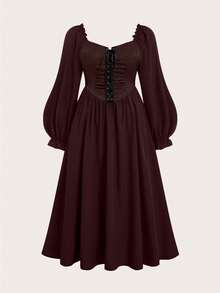 Sweetra CURVE Plus Size Women Square Neck Crisscross Tie Front Long Dress Maxi Women Outfit - Coffee Brown - View 1