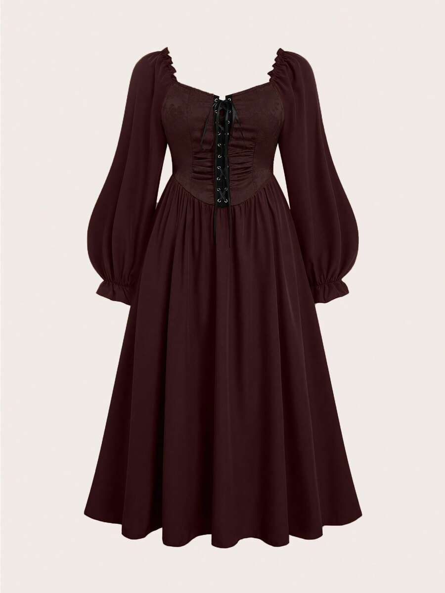 Sweetra CURVE Plus Size Women Square Neck Crisscross Tie Front Long Dress Maxi Women Outfit - Coffee Brown - View 1