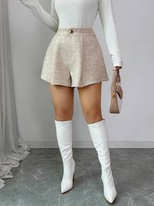 Elenzga Pantalones cortos con cremallera frontal plisada y textura de tela elegante para mujer, otoño/invierno - Caqui - Ver 7