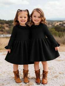 SHEIN Vestido de manga larga de punto de unicolor para bebé niña, otoño/invierno - Negro - Ver 12