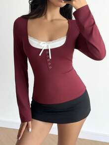 Flirla Women's Contrast Color Patchwork Bow Button 2 In 1 T-Shirt - Red - View 3