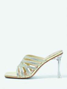 Gold All Rhinestones Shining Women's Square Toe Glass High Heels - Gold - View 6