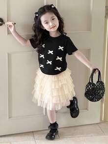 DAZY 2 Stücke/Set Süßes Outfit für Kleine Mädchen mit Schleifendekor, bestehend aus schlankem Kurzarm T-Shirt + Tüllrock, Herbst - Schwarz - Übersicht 1