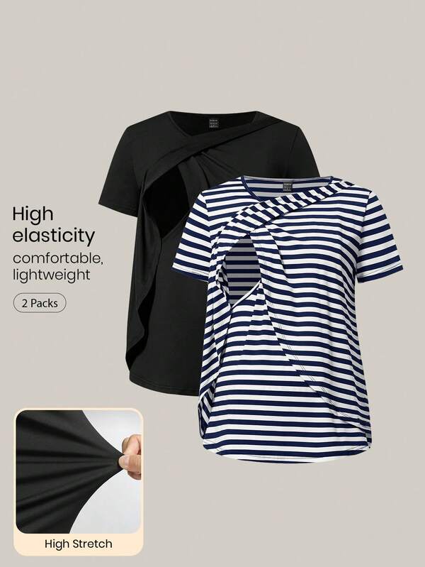 Modmama 2pcs/Set Maternity Casual Loose Nursing Short Sleeve T-Shirt Summer