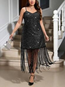 SHEIN LUNE Elegante Partykleider für Damen in Große Größen, schwarzes Kleid mit V-Ausschnitt, Trägerkragen, Quasten-Saum für Feiertage, Herbst- und Winteroutfit für Weihnachten und Thanksgiving, Paillettenbesetztes und gefranstes Kleid für kurvige Damen, elegantes Kleid für Partys, Feste und Zusammenkünfte im Herbst und Winter